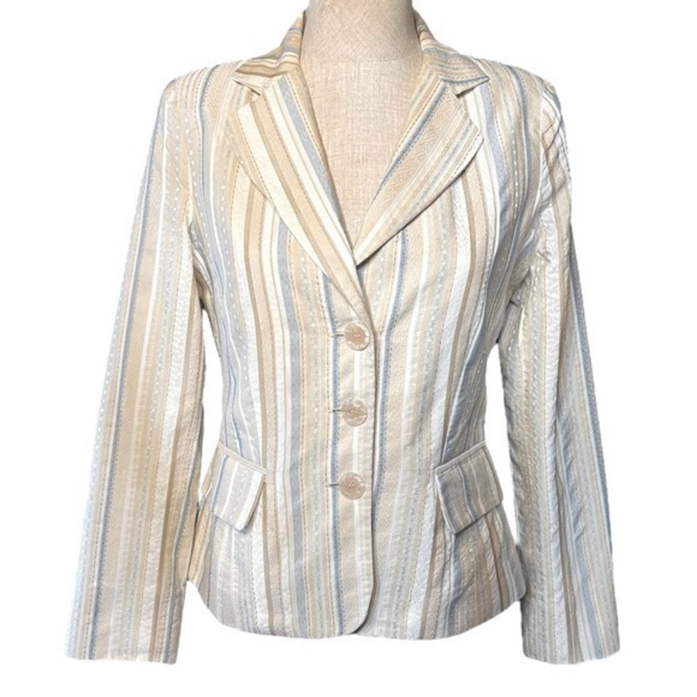 BARBARA KATZ ✘ Vintage Blue Striped Boca Raton Vintage Cropped Pin Button Blazer